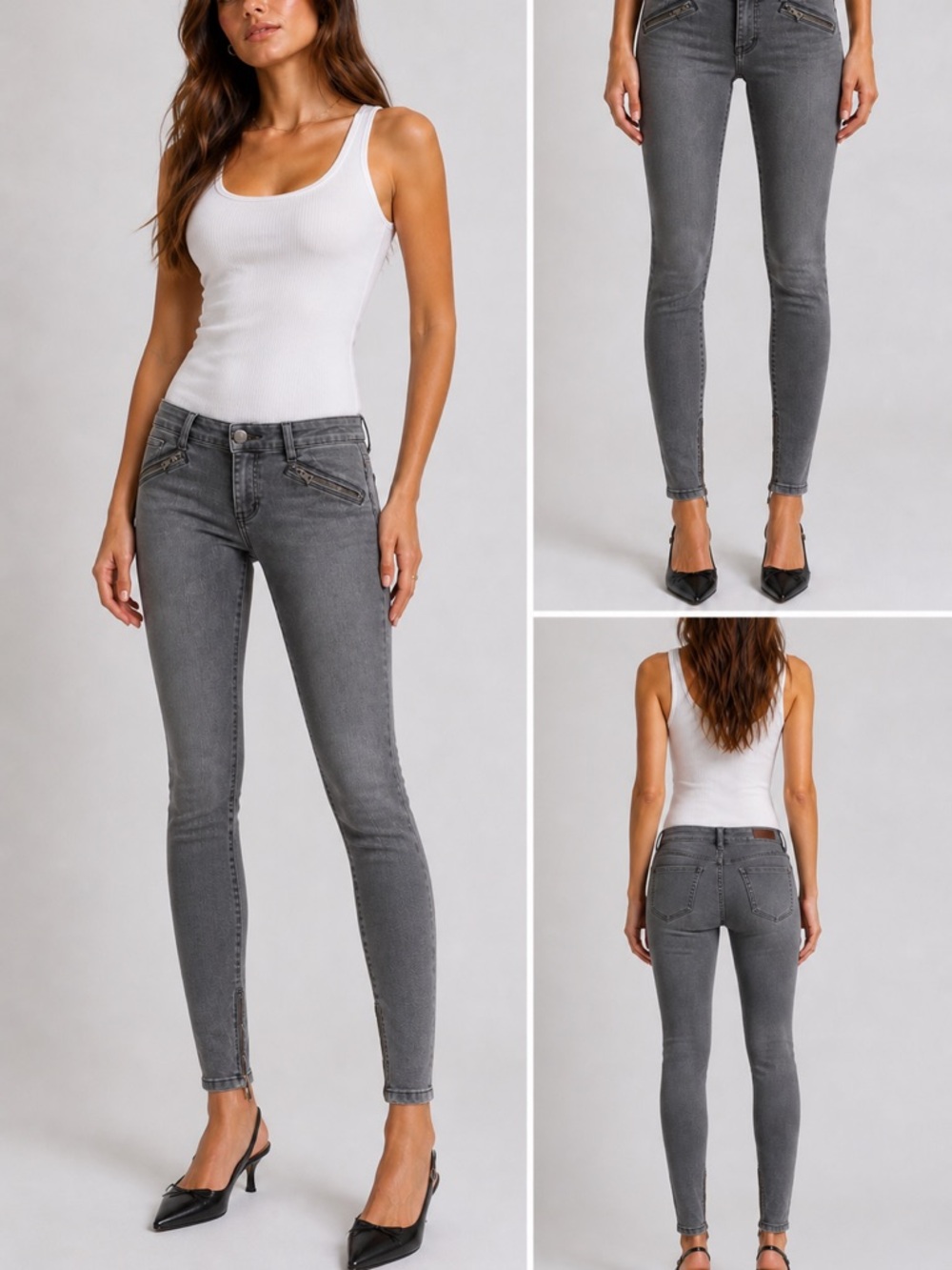 Current/Elliott Grey Skinny Zip-Accent Jeans